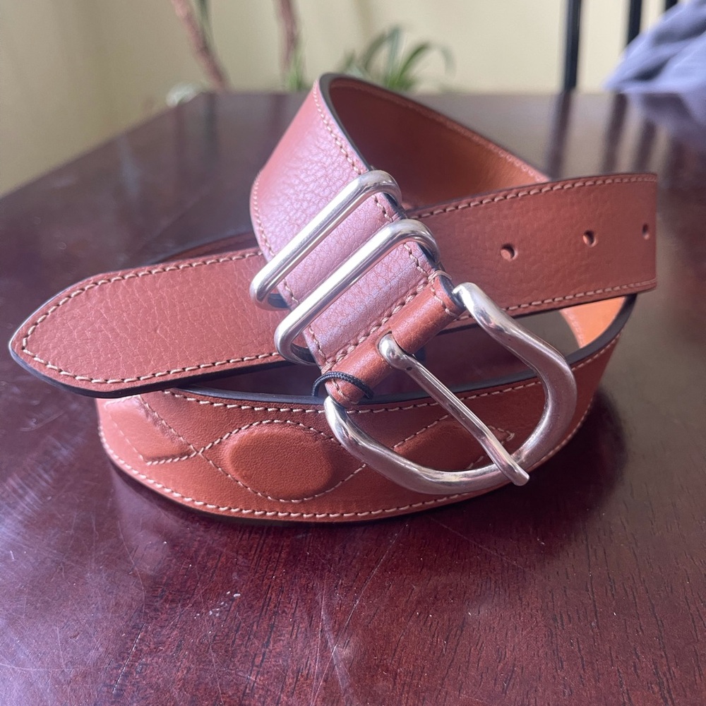Massimo Dutti tan brown Leather embossed Belt Silver Buckle